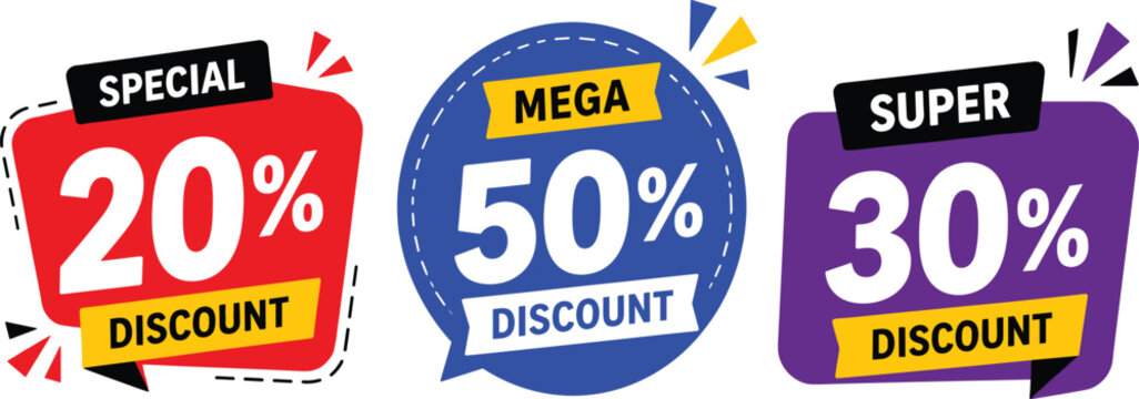 Special mega and super discount badges with twenty fifty and thirty percent off for big seasonal sale event.