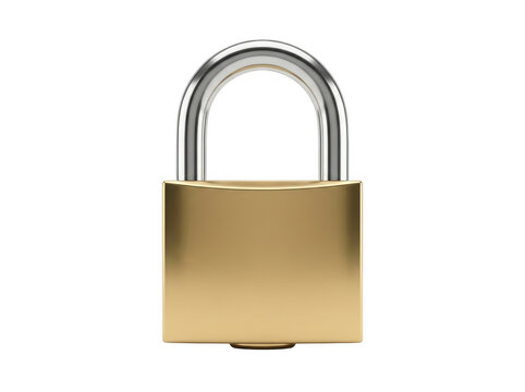 Golden brass padlock with metallic shackle and keyhole on white background.