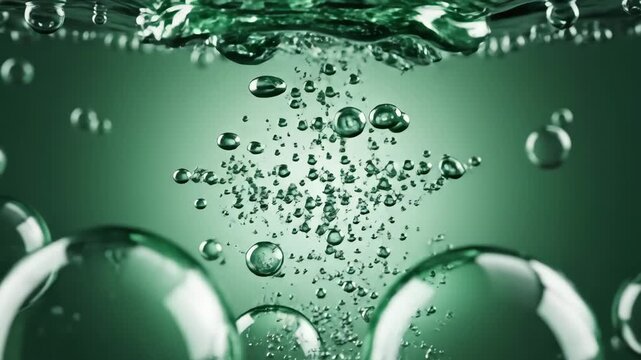 Abstract green bubbles float upward, evoking skin hydration, antioxidant infusion, and cosmetic innovation. 3d rendering