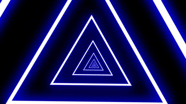 Glowing neon triangles white blue infinite tunnel digital abstract background for modern tech designs and futuristic themes. Great for digital projects and designs requiring a sleek, innovative look.