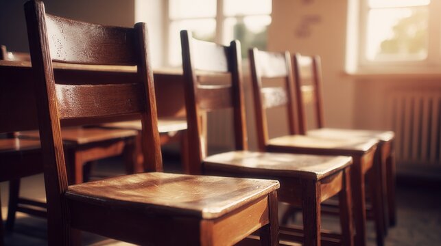 past. Vintage wooden chairs basking in warm nostalgic light within a quiet classroom setting. real-estate listings.