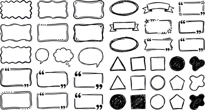 Geometric shapes and speech bubbles are illustrated on a white background