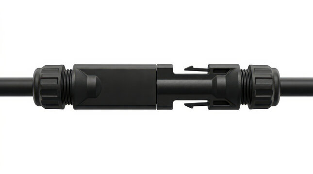 Black marine-grade cable gland connector secured with a threaded coupling on a cable.