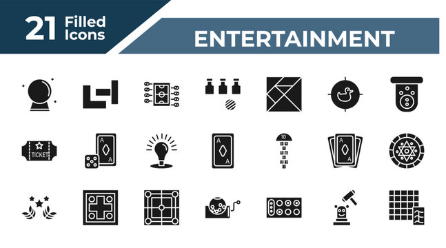 filled entertainment icons set - magic board games, board game blocks, bottles ball, whack a mole. editable vector for web and mobile ui
