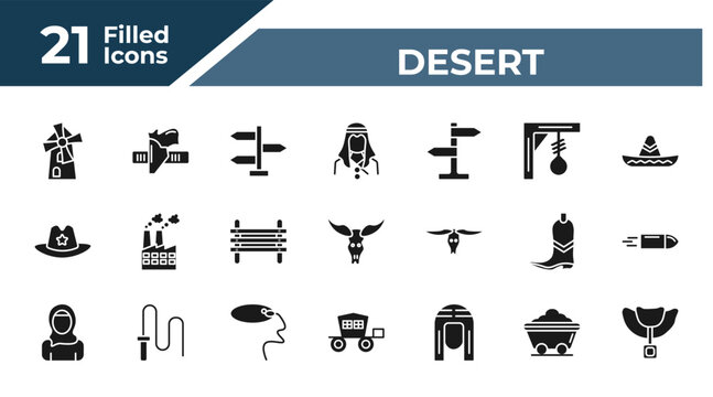 filled desert icons set - mill, holster, sheik, mine wagon. editable vector for web and mobile ui