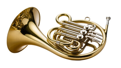 Isolated shiny brass French horn, a beautiful classical wind musical instrument for orchestra © Aoife