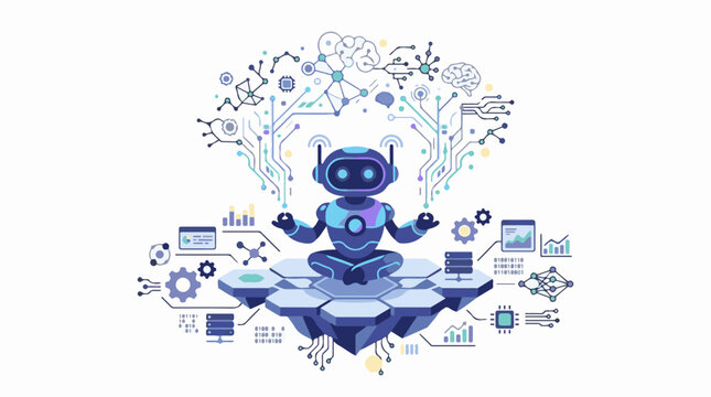 Meditating robot on digital island with brains and data streams