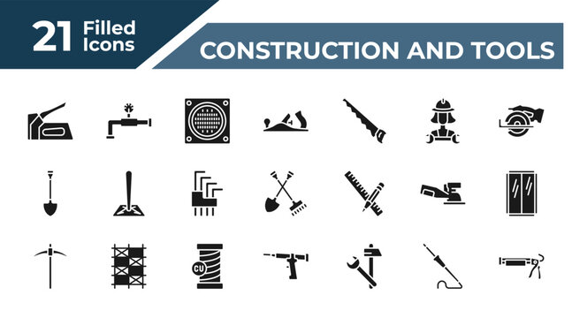 filled construction and tools icons set - staple gun, relief valve, planer, iron soldering. editable vector for web and mobile ui