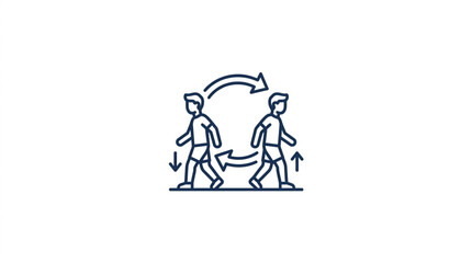 Obraz premium Two people walking in opposite directions with circular arrows indicating exchange.