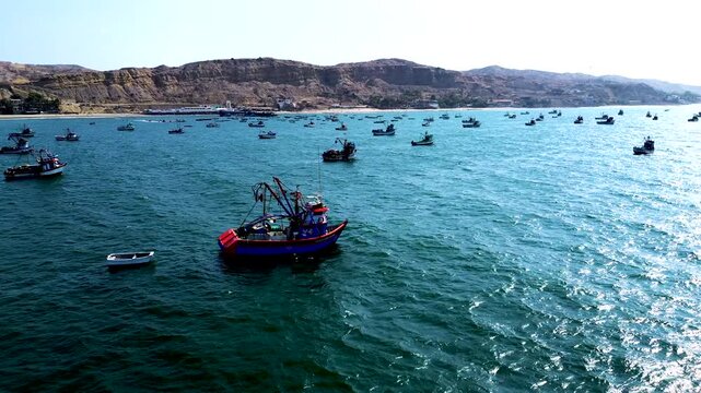 Drone View of Fishing Boats on Pacific Ocean Near Ecuador Coast, Blue Water, Coastal Hills and Artisanal Maritime Travel Landscape
