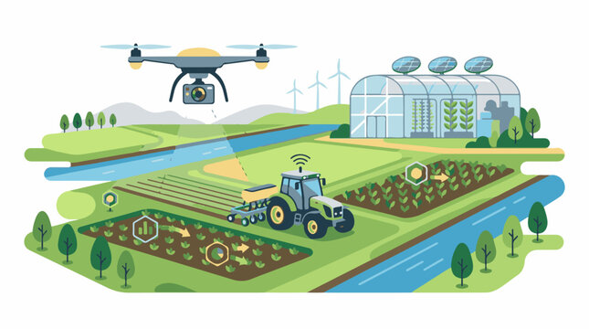 Modern agricultural farm with drone autonomous tractor and greenhouse