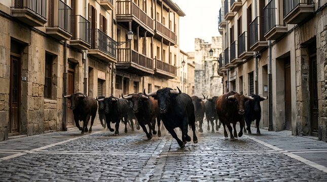 Bulls running down a narrow cobblestone street during a city festival