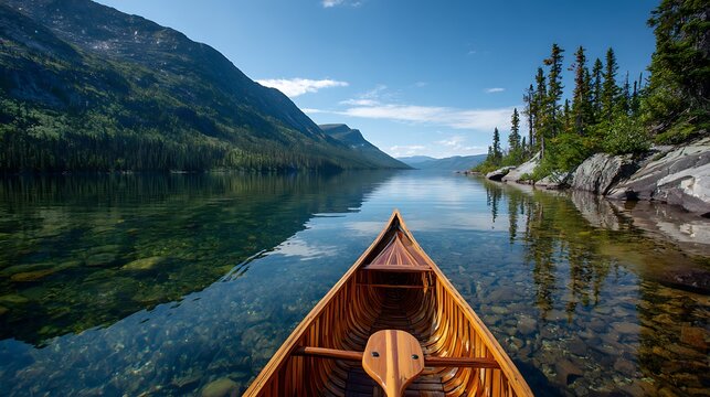 Wooden Canoe on a Pristine Mountain Lake with Clear Water and Mountains.