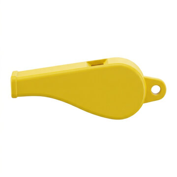 Bright yellow plastic referee whistle isolated against white background.