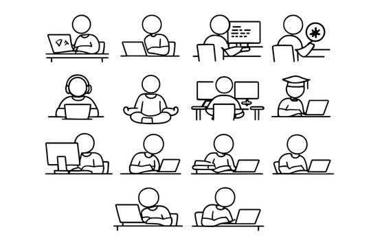 Coding Practice Icons. Programming practice at desk. Line outline icon set of Programming practice at desk:
