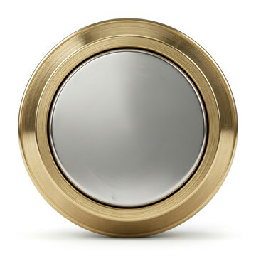 Brass-framed circular mirror with reflective silver surface against white backdrop.