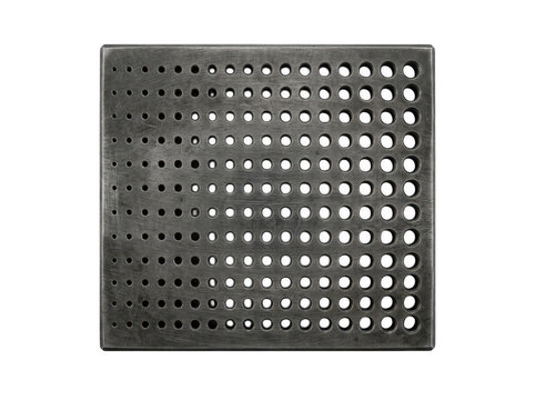 Square metal grate with uniform circular ventilation holes against plain background.