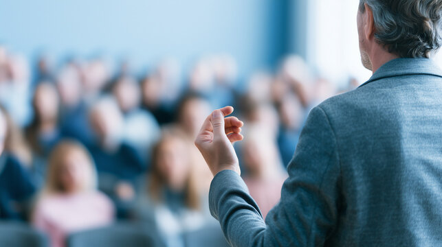 Public speaker or male businessman lecturing in front of a blurred audience at a business conference seminar, professional corporate presentation talk layout, Generative AI