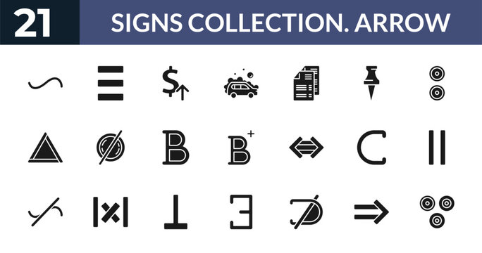 filled signs collection. arrow icons set - is similar to, identical to, currency value, implies if. editable vector for web and mobile ui