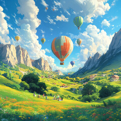 Fototapeta premium Bright and Peaceful Landscape with Colorful Hot Air Balloons Floating Over Vibrant Green Meadows and Majestic Mountain Peaks Under a Blue Sky