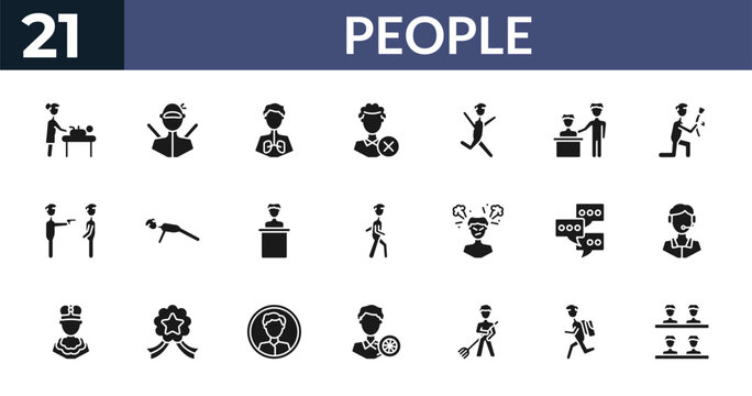 filled people icons set - baby changing, ninja portrait, pulmonary, backpacker running. editable vector for web and mobile ui