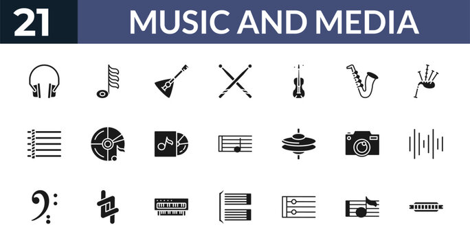 filled music and media icons set - music player headphones, demisemiquaver, balalaika, crotchet. editable vector for web and mobile ui
