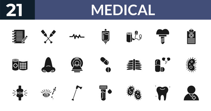 filled medical icons set - notepad, crutch, lifeline, teeth. editable vector for web and mobile ui