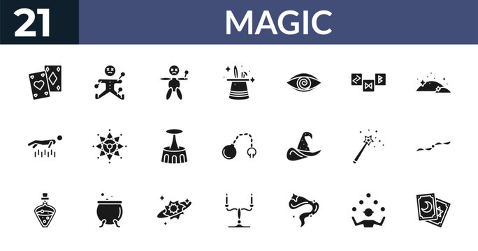 filled magic icons set - playing cards, voodoo, voodoo doll, juggler. editable vector for web and mobile ui