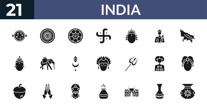 filled india icons set - tikka masala, chakra, bihu, indian vase. editable vector for web and mobile ui