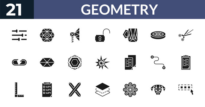 filled geometry icons set - adjust, polygonal ornament, polygonal megaphone, polygonal dog. editable vector for web and mobile ui