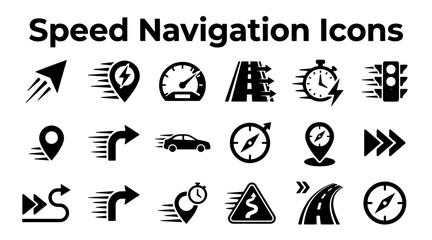 A collection of black vector icons representing speed, navigation, movement, and travel on a white background. © MstSomaya