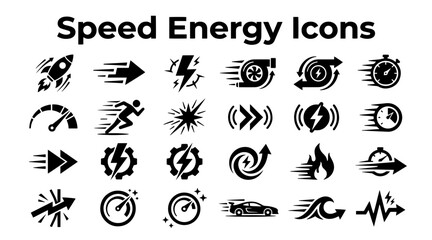 A set of black and white vector icons depicting speed, energy, motion, power, and rapid movement symbols. © MstSomaya