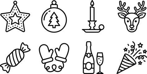 Christmas and New Year Celebration Icon Set with Reindeer, Candle, Star, Candy, and Party Vector Line Elements © Munnat
