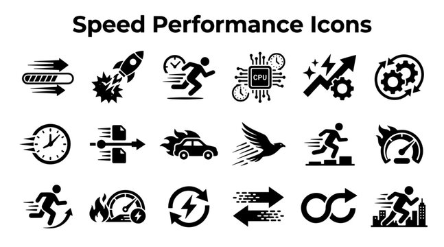 A collection of black vector icons illustrating speed, performance, rapid motion, and technical efficiency.