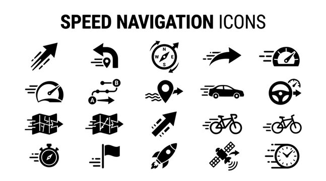A collection of black vector icons representing speed, navigation, movement, and travel on a clean white background.