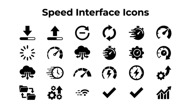 A collection of black vector icons depicting speed, data transfer, loading progress, and performance metrics.