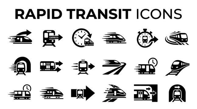 A collection of black vector icons depicting rapid transit trains, subway systems, and high speed rail travel.