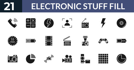 filled electronic stuff fill icons set - phone receiver, calculating, flash, screen grid. editable vector for web and mobile ui © IconArt
