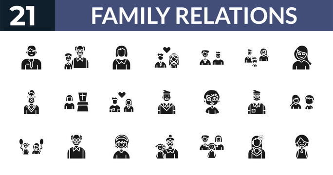 filled family relations icons set - husband, granddaughter, mother, cousin. editable vector for web and mobile ui