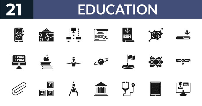 filled education icons set - digital display 60, world map, computer and network, tactile tablet. editable vector for web and mobile ui