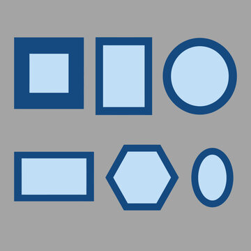 Six blue geometric shapes arranged on a gray background