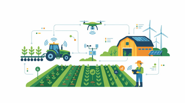Modern farm tech tractor drone barn farmer wind turbines solar