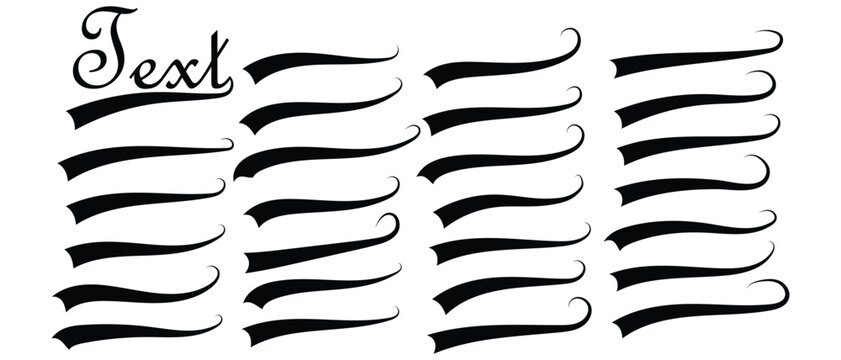set of black swooshes underline text tail. swash typography font style. hand drawn white swoosh underline typographic element vector illustration