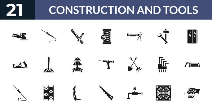 filled construction and tools icons set - sanding hine, solder, pencil and ruler, drain. editable vector for web and mobile ui