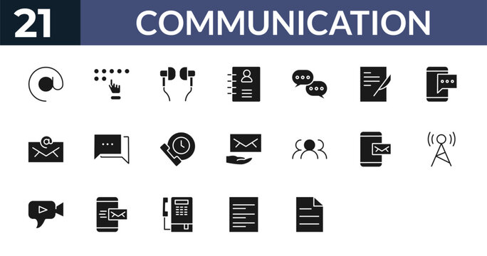 filled communication icons set - arroba, braille, hands free, text lines. editable vector for web and mobile ui