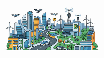 Obraz premium Modern cityscape with smart technology renewable energy and aerial drones