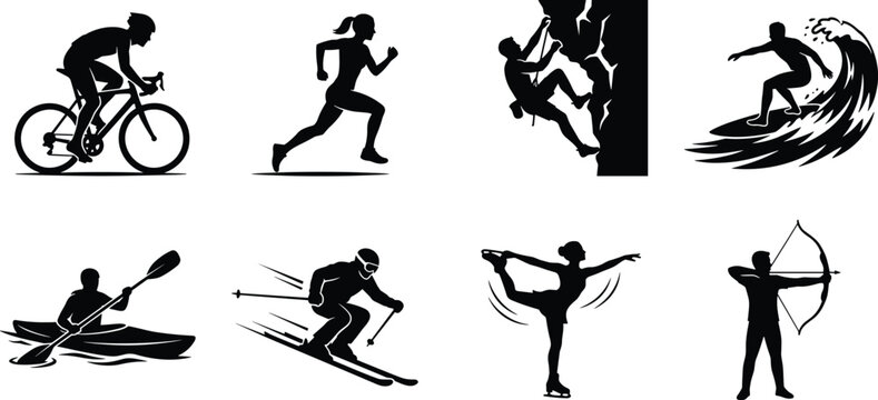 Sports activity silhouettes, cycling, running, rock climbing, surfing, kayaking, skiing, figure skating, archery, outdoor adventure, athletic performance, fitness training, extreme sports, black vecto