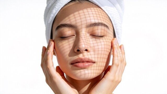 Woman with towel on head touching face