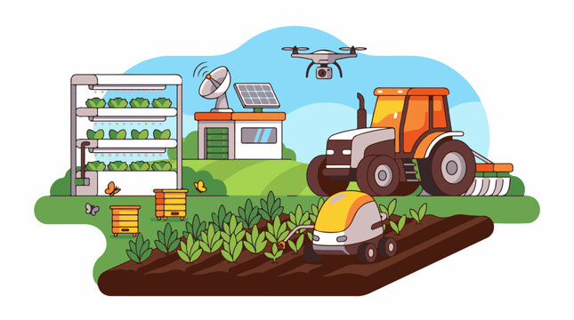 Modern agriculture with drone tractor robot vertical farm and bee