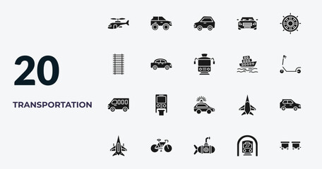 filled transportation icons set - military helicopter, all terrain vehicle, litter car, train in a tunnel. editable vector for web and mobile ui © IconArt